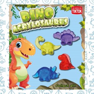 Transparent colored dinosaurs made of soft squishy material, packaged in a capsule. Perfect as a give-away or a refill for the Toystation.