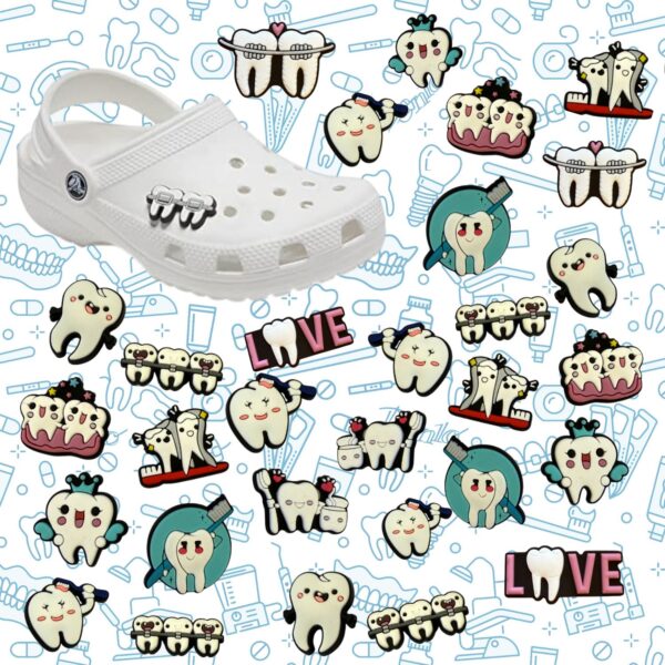 Dental Dental Charms with fun dental figures, easily placed in ventilation holes or buttonholes to add a playful touch to shoes or outfits